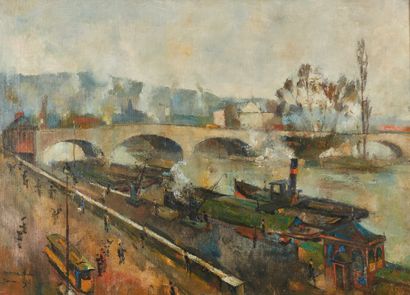 Pierre HODE (1889-1942) 鲁昂的码头，皮埃尔桥，1919年
布面油画，左下方有签名和日期19 53.5 x 74.5 cm