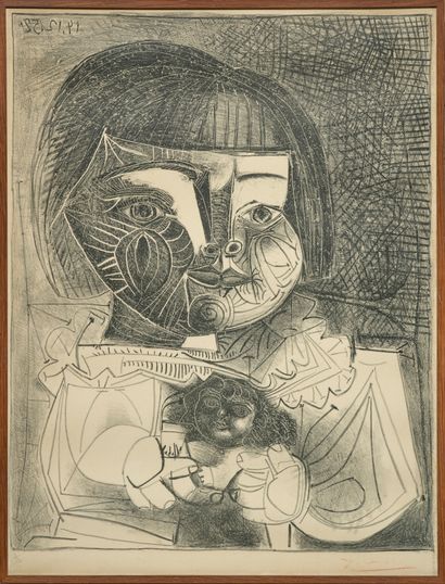 Pablo Picasso (1881-1973) Paloma et sa poupée sur fond noir, 14 décembre 1952
Lithographie...