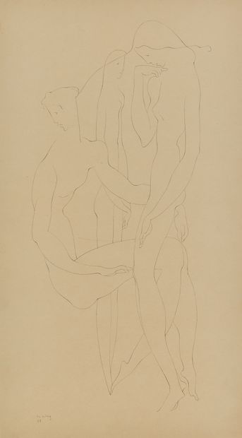 Josef CSZAKY (1888-1971) 一个男人和两个女人
纸上铅笔，左下方有签名和日期58
50 x 28 cm