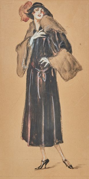 Jean-Gabriel DOMERGUE (1889-1962) 戴着羽毛帽子的优雅女人
水粉和石墨在双色纸上，无签名 31.5 x 15.5 cm