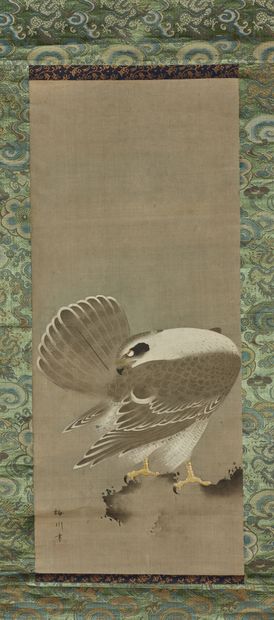 JAPON - Epoque MEIJI (1868 - 1912) 两幅卷轴，纸上水墨和色彩，猛禽栖息在岩石上
签名：梅川
尺寸为78 x 31厘米，每个