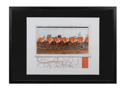 CHRISTO 纽约中央公园的盖茨项目，2003年
无署名胶印，注有10/10+4张AP克里斯托和让娜-克劳德的照片
55 x 71厘米左右。