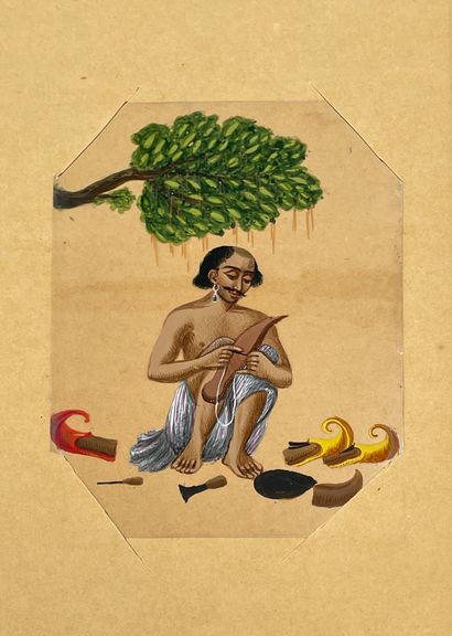 null Compagny Paintings school 3 Anglo-Indian miniatures on mica representing two...