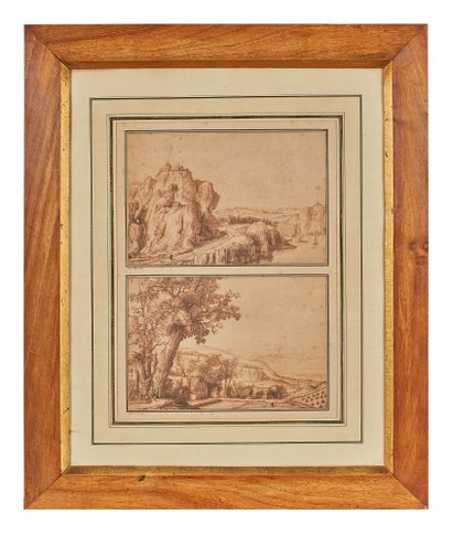 ECOLE DU NORD, XVIIe SIÈCLE 两座山的风景
钢笔和棕色墨水，在同一支架上，在支架上注有 "Van Vliet" 15.5 x 23 cm...