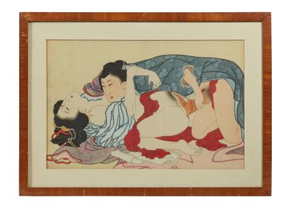 JAPON - Début XXe siècle Suite de cinq shunga, encre et couleurs sur soie, couples...