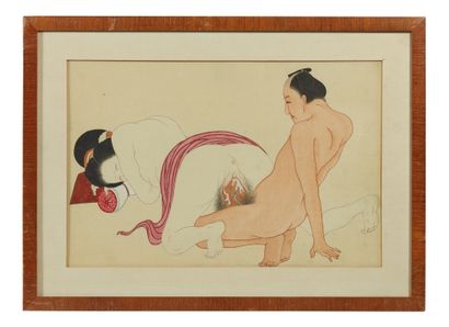 JAPON - Début XXe siècle Suite of five shunga, ink and colors on silk, couples mating...
