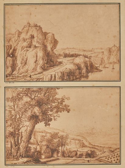 ECOLE DU NORD, XVIIe SIÈCLE 两座山的风景
钢笔和棕色墨水，在同一支架上，在支架上注有 "Van Vliet" 15.5 x 23 cm...