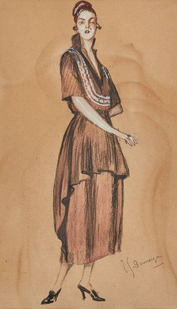 Jean-Gabriel DOMERGUE (1889-1962) 优雅的女人与发髻
水彩、水粉和木炭在双色纸上，右下角有签名
30 x 17.5厘米（12 x...