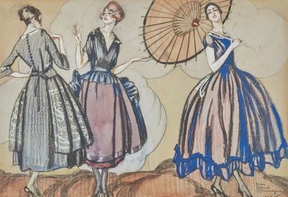 Jean-Gabriel DOMERGUE (1889-1962) 三个优雅的女人，一个带着遮阳伞，1920年
水粉画和木炭画在双色纸上，右下角有签名和日期1920年
39...