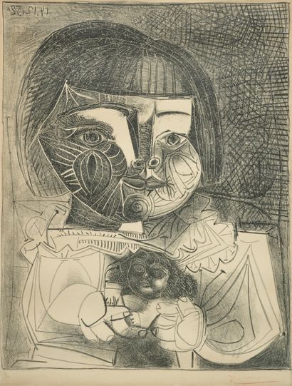 Pablo Picasso (1881-1973) 1952年12月14日，黑色背景下的帕洛玛和她的娃娃
右下角有红色铅笔签名的黑色石版画，共50张（这一张的编号是20/50）。
由路易丝-莱里斯出版，由穆尔洛印刷。
76...