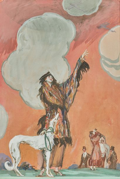 Jean-Gabriel DOMERGUE (1889-1962) 带着灰狗的优雅女人，1922年
水粉画在双色纸上，右下方有签名和日期22
43 x 29 厘...