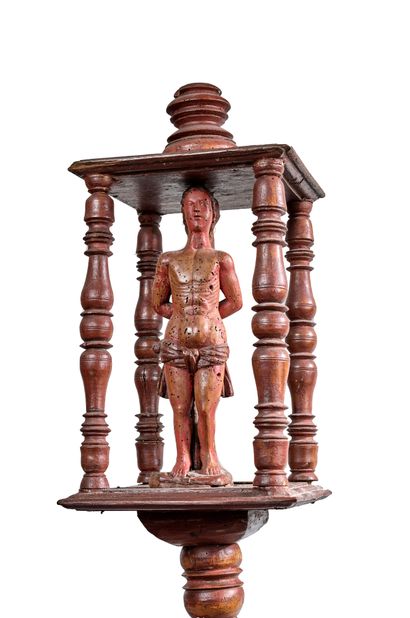 null 长方形天幕下的圣塞巴斯蒂安的胡桃木游行杖，天幕上的柱子变成了花瓶和栏杆。
18世纪
H.212厘米(小事故和修复体)