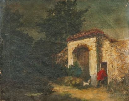 Félix TOURNACHON (1820-1910), dit NADAR 穿着红色夹克的纳达尔进入他在塞纳特的房子
布面油画，有图案，位于画框的背面
61...