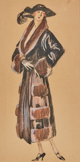 Jean-Gabriel DOMERGUE (1889-1962) 穿着毛皮大衣的优雅女人
水彩、水粉和木炭在双色纸上，无签名 31.5 x 15.7 cm