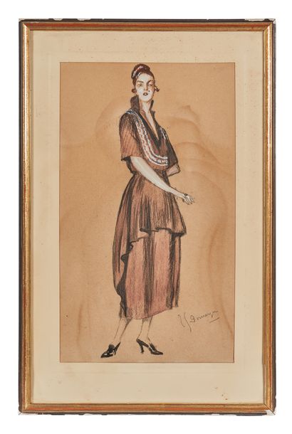Jean-Gabriel DOMERGUE (1889-1962) 优雅的女人与发髻
水彩、水粉和木炭在双色纸上，右下角有签名
30 x 17.5厘米（12 x...