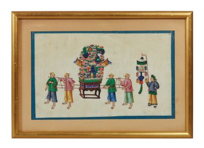 CHINE, Canton - XIXe siècle Trois gouaches sur papier de riz représentant une procession...