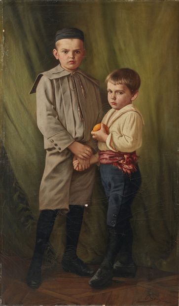 Oswald STIEGER (1857-1924) 两个年轻的德国人
布面油画，右下角有签名（裂纹）。
157 x 90 cm