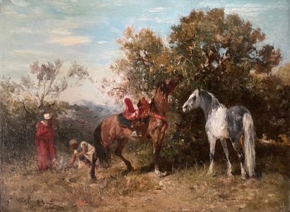 Georges WASHINGTON (1827-1910) 骑士们的停顿
板面油画，左下角有签名
21 x 16 cm