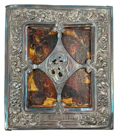 圣像，俄罗斯，科斯特罗曼，约1750年
燃烧的灌木丛中的处女
在较大的木质框架内的板上涂抹淡彩，以便引入银色的oklad。
标题标记:...
