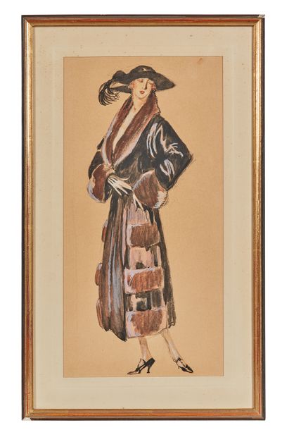 Jean-Gabriel DOMERGUE (1889-1962) 穿着毛皮大衣的优雅女人
水彩、水粉和木炭在双色纸上，无签名 31.5 x 15.7 cm