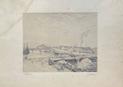 Camille PISSARRO & Georges W. THORNLEY 鲁昂的桥梁
来自W.Thornley在毕沙罗之后创作的25幅石版画的图版
涂在牛皮纸上的瓷器纸样，在皮萨罗和巴黎Thornley...