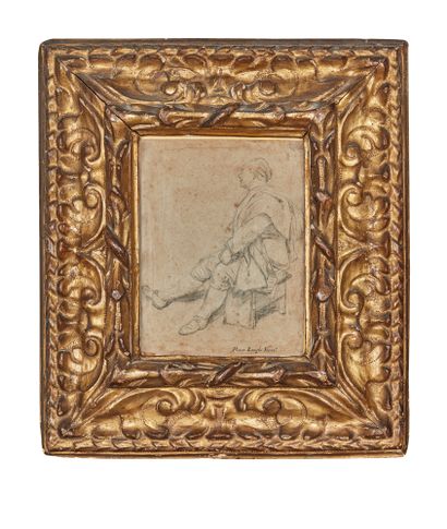 Pietro LONGHI (Venise 1701-1785) 坐在凳子上的男人
米色纸上的黑色铅笔、白色粉笔高光，右下角用钢笔和棕色墨水注明 "Pietro...