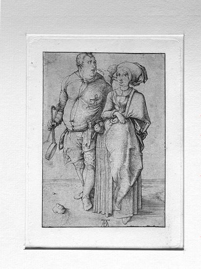 Albrecht Dürer (1471-1528) 厨师和他的妻子》，1497年
旧纸上的蚀刻画（在版内切割），粘贴在坚固的牛皮纸上，用墨水和钢笔装裱，精细的旧样10.5...