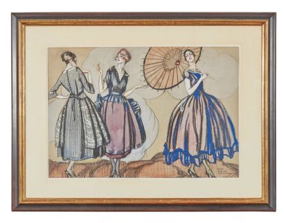 Jean-Gabriel DOMERGUE (1889-1962) 三个优雅的女人，一个带着遮阳伞，1920年
水粉画和木炭画在双色纸上，右下角有签名和日期1920年
39...