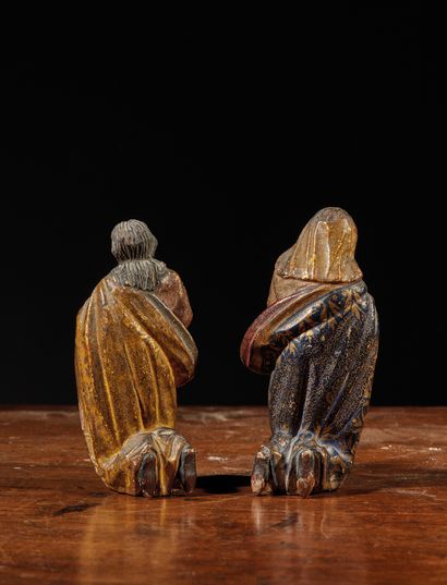 null 圣约瑟夫和玛丽在雕刻、多色和镀金的木头上，小床人物
西班牙，18世纪
H.13厘米（小事故，圣约瑟夫的右手缺失）。