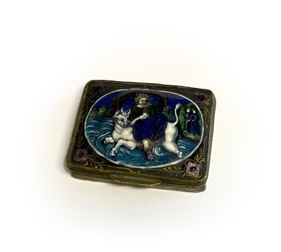 null Brass snuffbox with polychrome painted enamel cover and gold highlights representing...