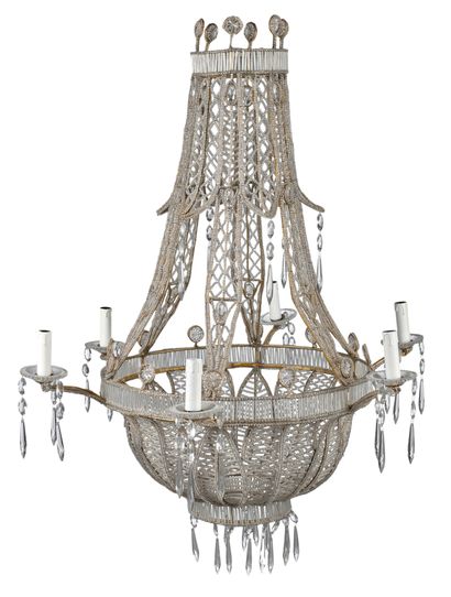 null Six-light basket chandelier with glass beads
Louis XVI style
H. 111 cm. Diam....