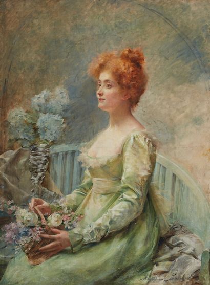Madeleine LEMAIRE (1845-1928) Elégante au jardin d'hiver
Huile sur toile, signée...