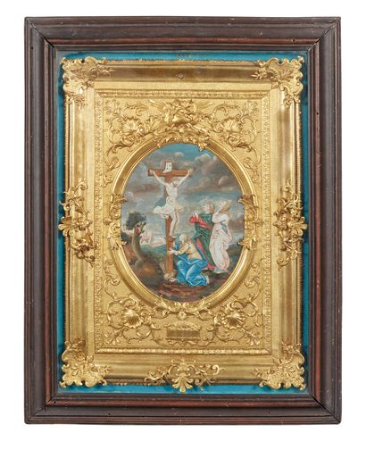 Ecole XVIIe siècle 牧羊人的崇拜和耶稣受难
一对浮雕纸画的奖章
在一个丰富的鎏金框架中
25 x 18 cm