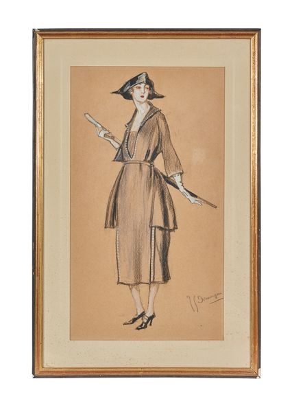 Jean-Gabriel DOMERGUE (1889-1962) 撑伞的优雅女人
水粉画和石墨画在双色纸上，右下角有签名
31 x 17.5 cm