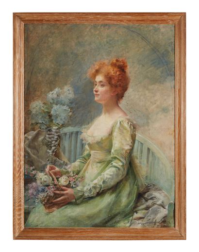 Madeleine LEMAIRE (1845-1928) 冬日花园里的优雅女人
布面油画，右下方有签名
130 x 97 cm
(修复)
马德琳-勒梅尔（Madeleine...