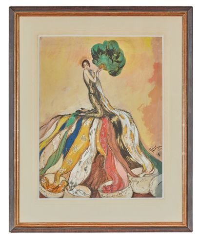 Jean-Gabriel DOMERGUE (1889-1962) 
拿着扇子的女人，1924年

纸上水粉和炭笔，右下角有签名和日期24，标有数次Galeries...