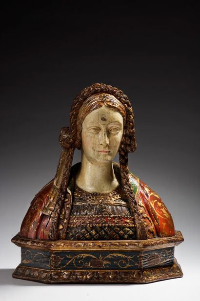 null Buste de femme en bois sculpté en ronde-bosse et polychromé
Italie, Florence,...