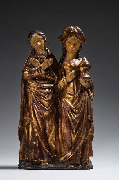 null Deux saintes femmes en noyer sculpté, polychromé et doré
Malines, XVIème siècle
H....