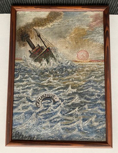 ECOLE XXe SIÈCLE The fire of the liner the Atlantic
Oil on canvas, signed lower right
27...