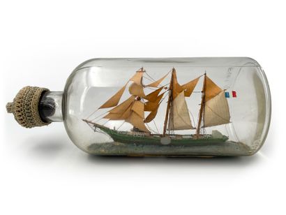 Boat in bottle Three masts barque all sails...