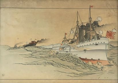 ECOLE FRANCAISE Croiseurs japonais
Aquarelle sur trait d'encre, monogramme de l'artiste...
