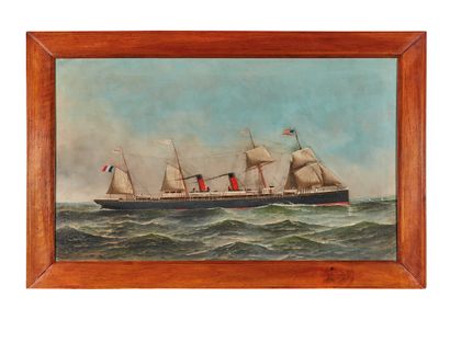 Antonio JACOBSEN (1850-1921) La Normandie, navire mixte à 4 mâts et 2 cheminées
Huile...