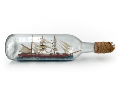 Boat in bottle Three masts, sails planke...
