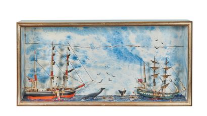 Diorama
Whaling scene, two whalers, dories...