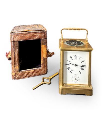 Travel clock with gilded brass cage, beveled...