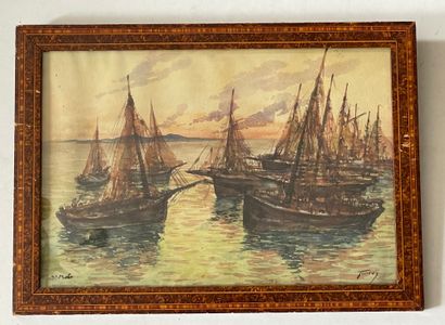 ÉCOLE BRETONNE, XXE SIÈCLE Fishing boat
Watercolor, signed lower right, located on...