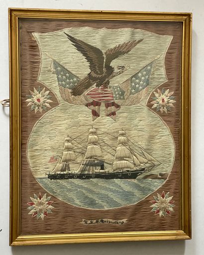 Ecole américaine, début XXe siècle Three square masted ship flying the American flag:...