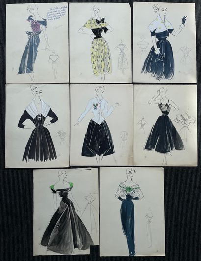 null 17 drawings by Callot Sisters
Circa 1950
Dim of one : 32 x 25 cm approx. (some...
