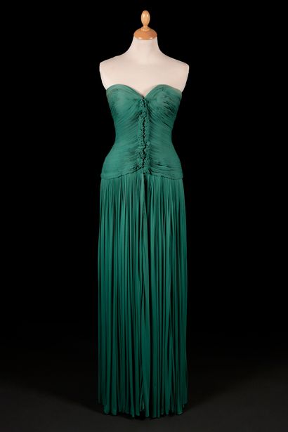 GRES Robe du soir en jersey de soie vert. Bustier en organza ivoire, jupe en crêpe...