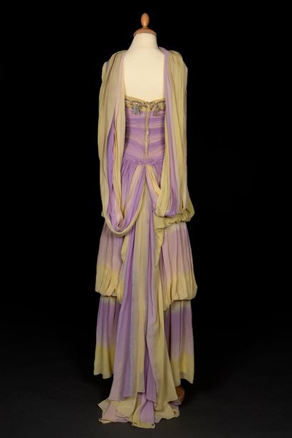 CARVEN Robe du soir bustier en mousseline de soie dégradée du violet au jaune, broderie...